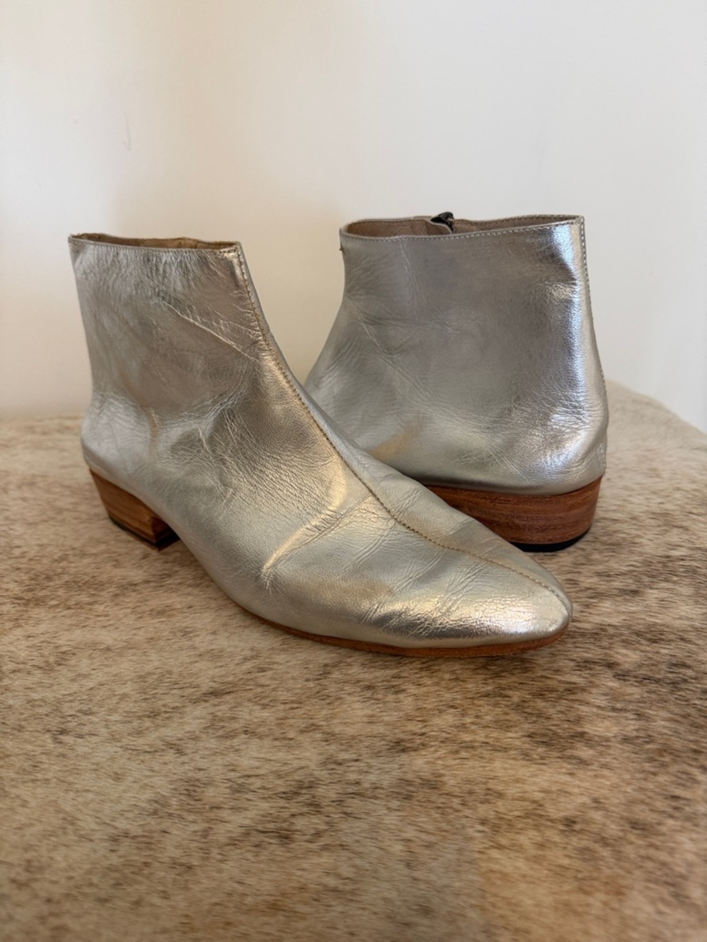 Hand made custom Esquivel Silver Leather Ankle Booties with Low Wooden Heel